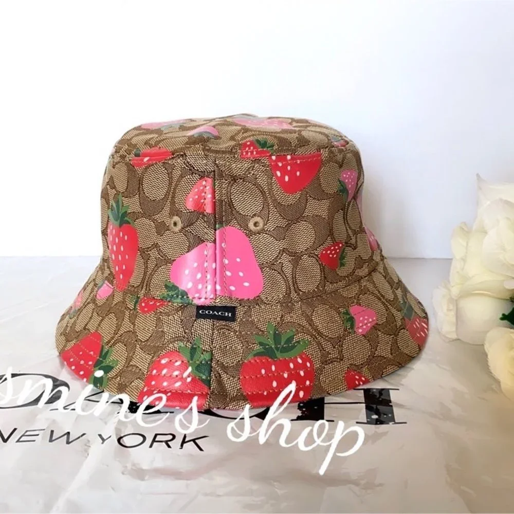 NWT Coach Signature Wild Strawberry Print Bucket Hat CH392 - Picture 2 of 11
